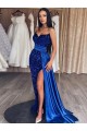 Sweetheart Sleeveless Long Sweep Train Velvet Sequin Prom Dress with Slit