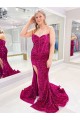 Long Sweetheart Sleeveless Sweep Train Velvet Sequin Prom Dress with Slit