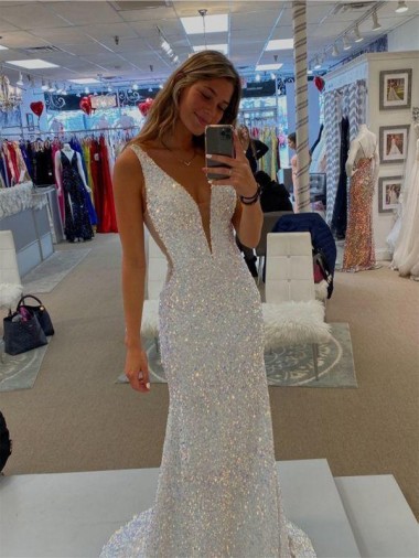 V-Neck Sleeveless Long Velvet Sequin Prom Dress with Sweep Train