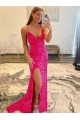 Velvet Sequin Long V-Neck Sleeveless Sweep Train Prom Dress with Slit