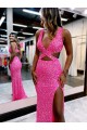 Long V-Neck Sleeveless Sweep Train Velvet Sequin Prom Dress with High Slit