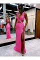 Long V-Neck Sleeveless Sweep Train Velvet Sequin Prom Dress with High Slit