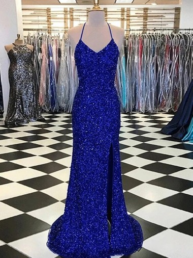 V-Neck Sleeveless Long Velvet Sequin Prom Dress