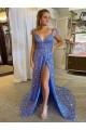 A-Line V-Neck Sleeveless Long Court Train Velvet Sequin Prom Dress with High Slit