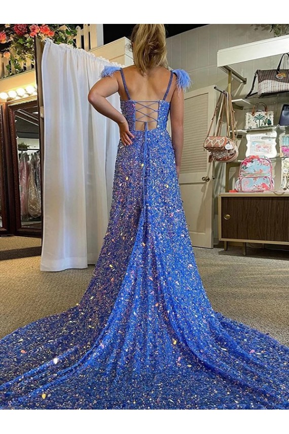 A-Line V-Neck Sleeveless Long Court Train Velvet Sequin Prom Dress with High Slit