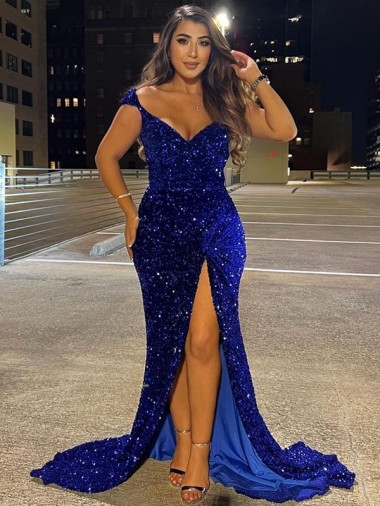 V-Neck Sleeveless Long Sweep Train Velvet Sequin Prom Dress with Slit