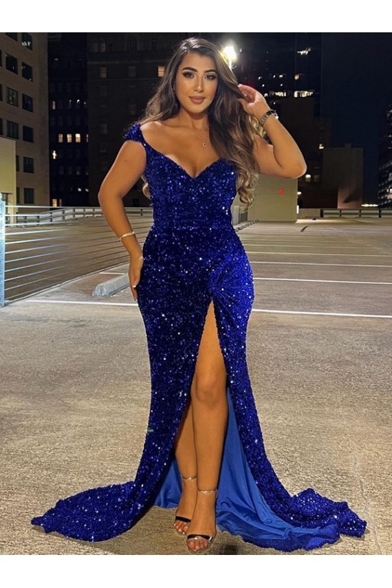 V-Neck Sleeveless Long Sweep Train Velvet Sequin Prom Dress with Slit