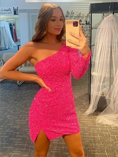 Short Velvet Sequin One Shoulder Long Sleeves Prom Dress