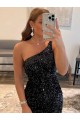 One Shoulder Sleeveless Short Velvet Sequin Prom Dress