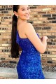 One Shoulder Sleeveless Short Velvet Sequin Royal Blue Prom Dress