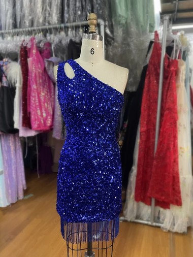 One Shoulder Keyhole Sleeveless Short Velvet Sequin Prom Dress