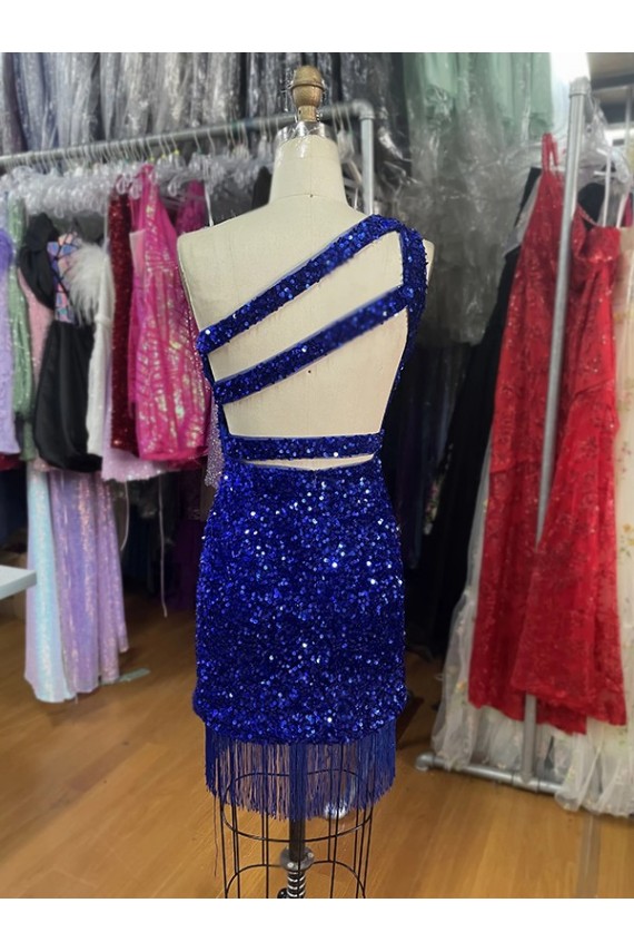 One Shoulder Keyhole Sleeveless Short Velvet Sequin Prom Dress