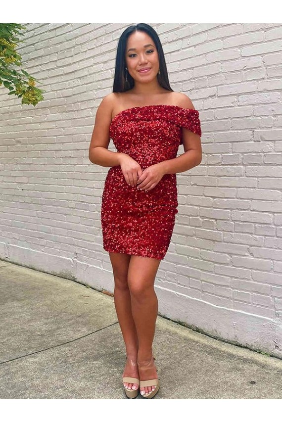 Short One Shoulder Sleeveless Velvet Sequin Cocktail Prom Dress