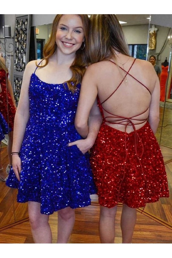 A-Line Spaghetti Straps Sleeveless Short Velvet Sequin Prom Dress