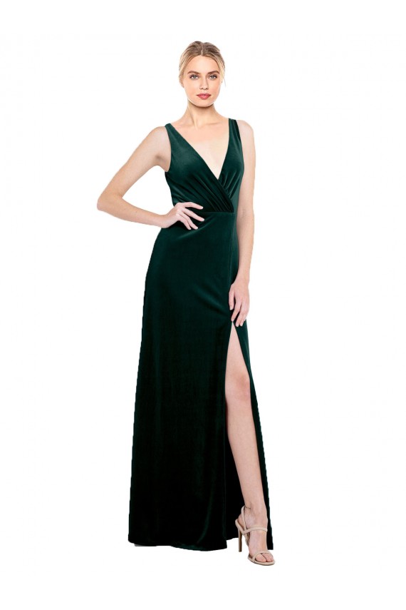 Sleek V-Neck Long Formal Velvet Bridesmaid Dress / Prom Dress with Side Slit