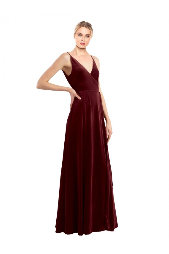 Faux Wrap V-Neck Sleek Long Formal Velvet Bridesmaid Dress / Prom Dress