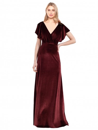 Flutter Sleeves Open Back Long Velvet Bridesmaid Dress / Prom Dress