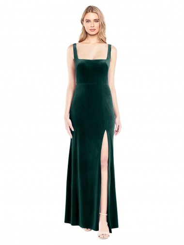 Square Neck Full Length Velvet Bridesmaid Dress / Prom Dress with Side Slit