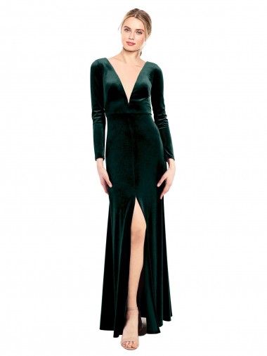 Plunging V-Neckline Long Sleeves Open Back Velvet Bridesmaid Dress / Prom Dress