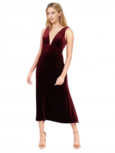 Daring Plunging V-Neckline Short Midi Cocktail Length Velvet Bridesmaid Dress / Prom Dress