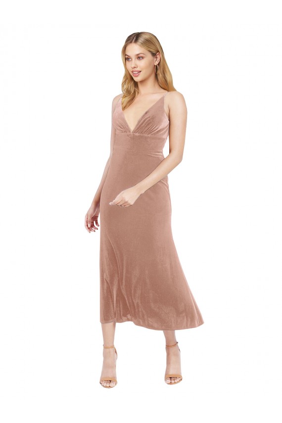 Midi Cocktail Length Short V-Neck Velvet Bridesmaid Dress / Prom Dress with Notched Neckline