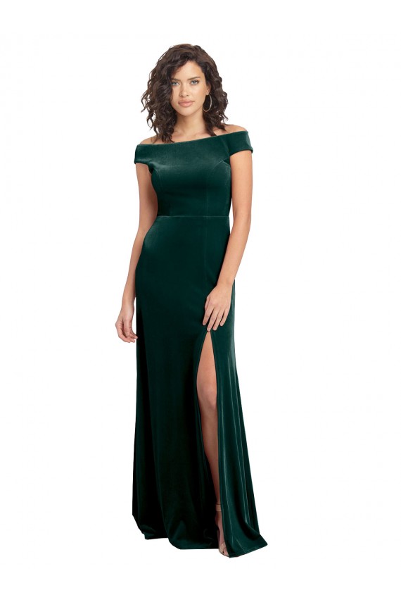 Floor Length Cap Sleeves Long Formal Velvet Bridesmaid Dress / Prom Dress with High Side Slit