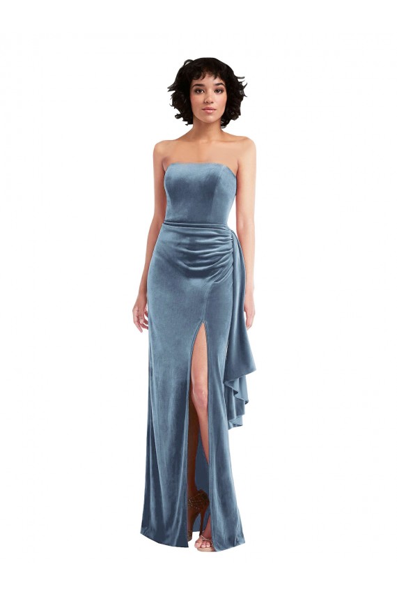 Strapless Formal Velvet Maxi Bridesmaid Dress / Prom Dress with Draped Skirt