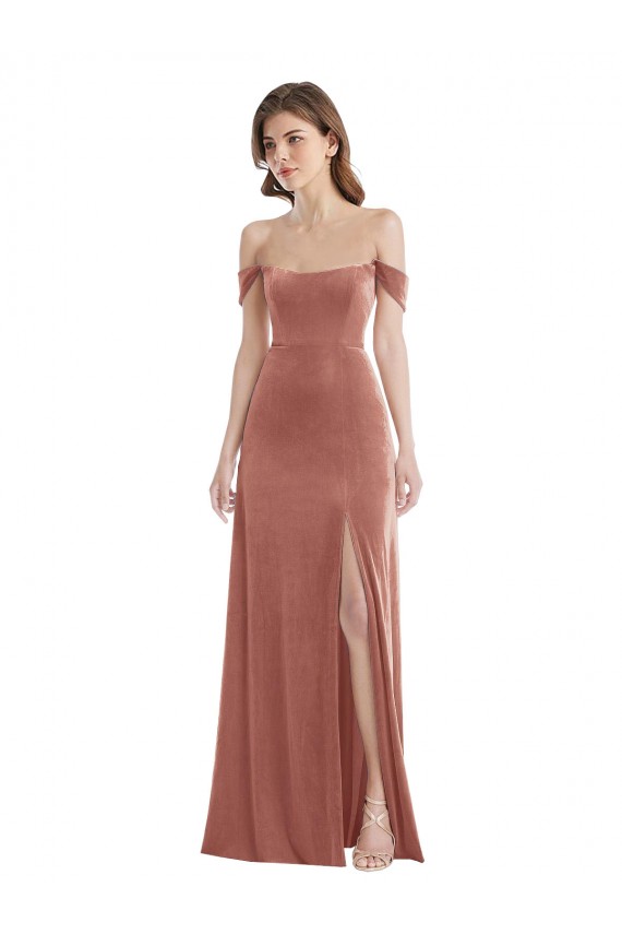 Off the Shoulder Flounce Sleeve Velvet Maxi Bridesmaid Dress / Prom Dress with Pockets