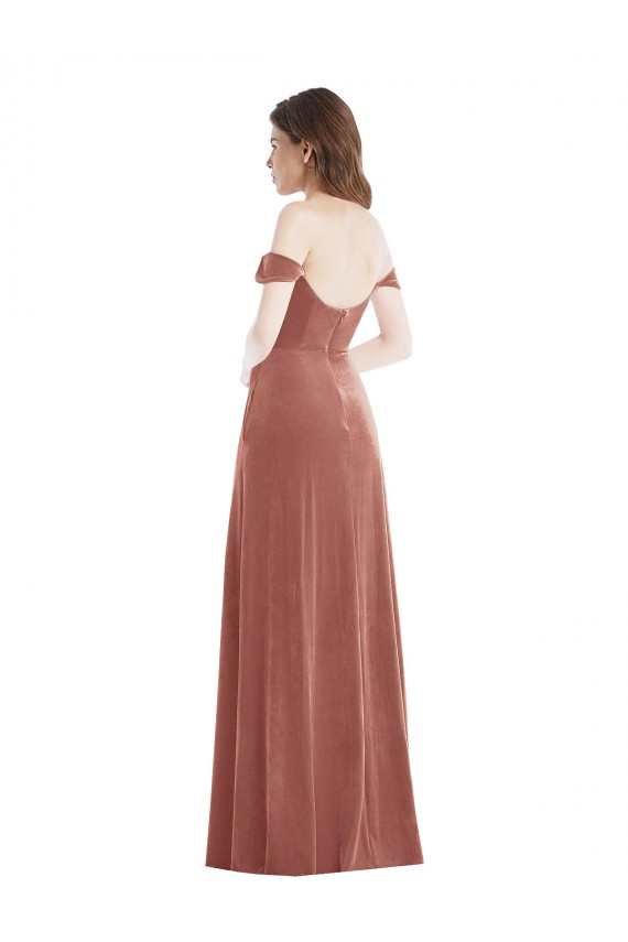 Off the Shoulder Flounce Sleeve Velvet Maxi Bridesmaid Dress / Prom Dress with Pockets