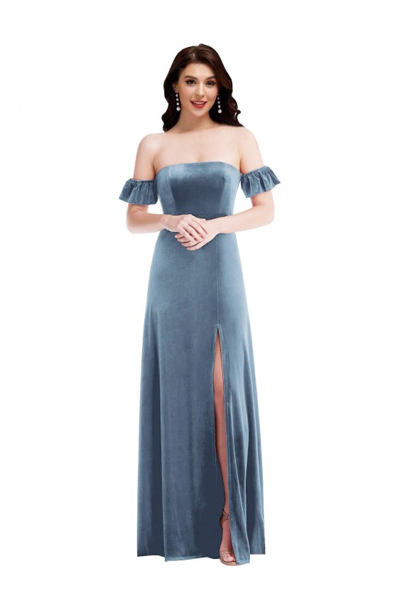 Ruffle Sleeve Off the Shoulder Velvet Maxi Bridesmaid Dress / Prom Dress