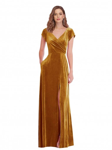 Cap Sleeve Faux Wrap Formal Velvet Maxi Bridesmaid Dress / Prom Dress with Pockets