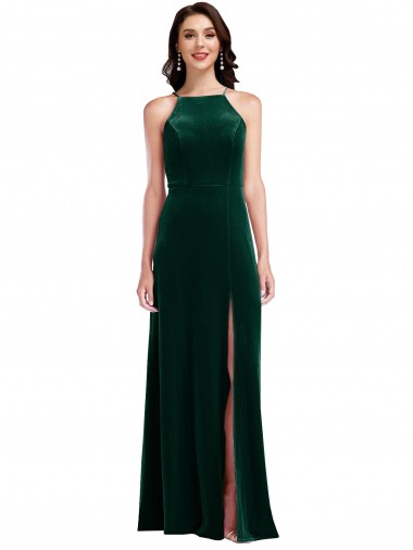 Velvet Halter Maxi Bridesmaid Dress / Prom Dress with Pockets & Front Slit