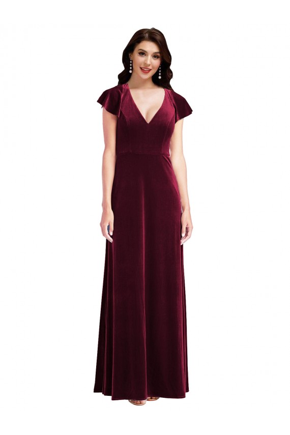 Flutter Sleeve Velvet Maxi Bridesmaid Dress / Prom Dress with Pockets