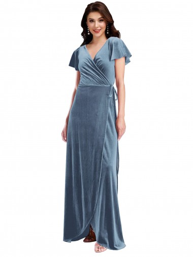 Flutter Sleeve Velvet Wrap Maxi Bridesmaid Dress / Prom Dress with Pockets