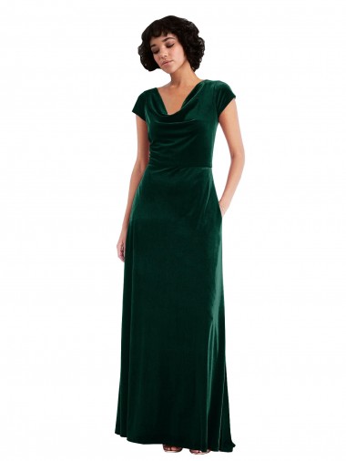 Cowl Neck Cap Sleeve Velvet Maxi Bridesmaid Dress / Prom Dress with Pockets