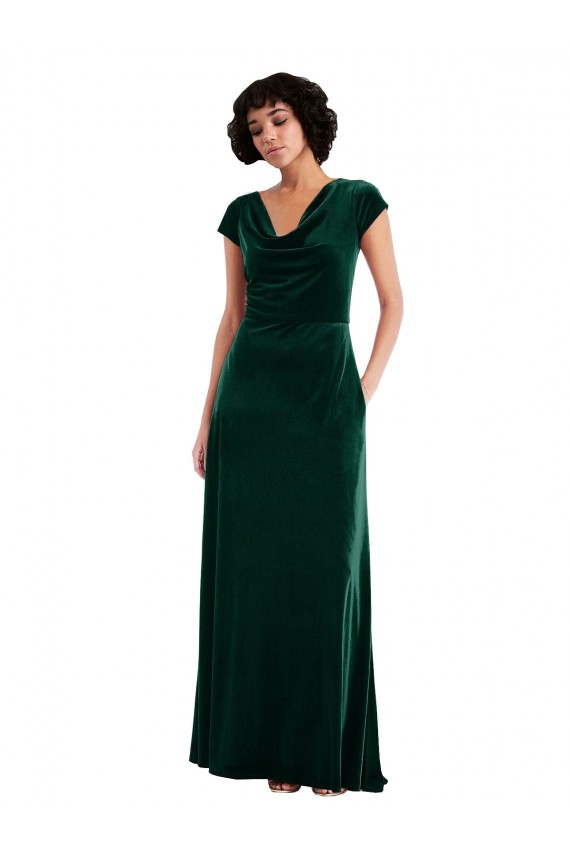 Cowl Neck Cap Sleeve Velvet Maxi Bridesmaid Dress / Prom Dress with Pockets