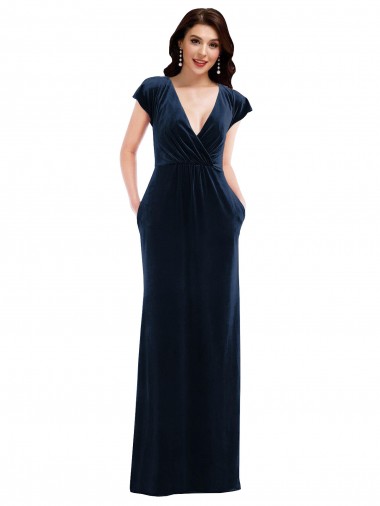 Flutter Sleeve Wrap Bodice Formal Velvet Maxi Bridesmaid Dress / Prom Dress with Pockets