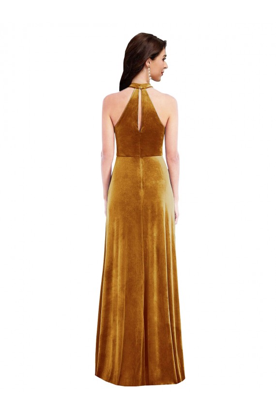 High-Neck Halter Velvet Maxi Bridesmaid Dress / Prom Dress with Front Slit