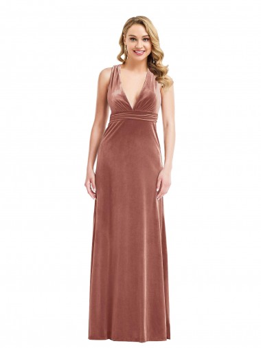 Plunging Neckline Formal Velvet Maxi Bridesmaid Dress / Prom Dress with Criss Cross Open Back