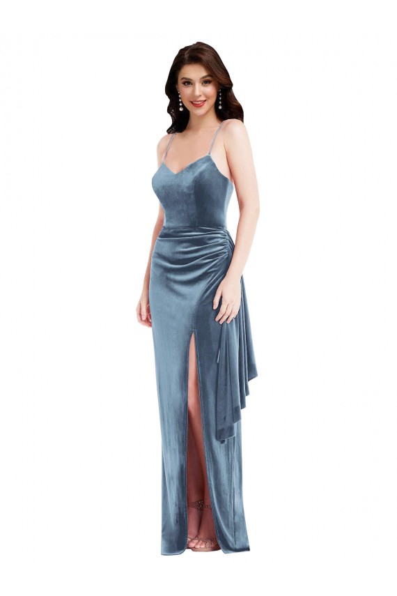 Spaghetti Strap Formal Velvet Maxi Bridesmaid Dress / Prom Dress with Draped Skirt