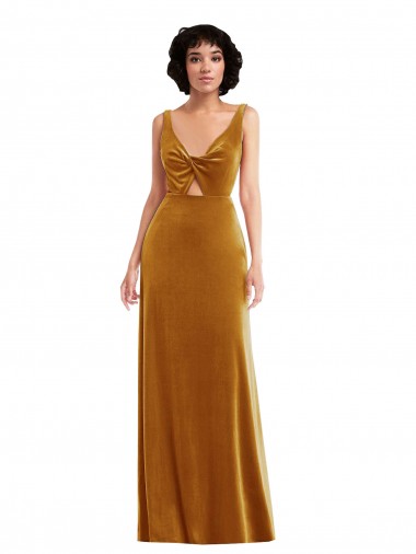 Twist Front Cutout Velvet Maxi Bridesmaid Dress / Prom Dress with Pockets