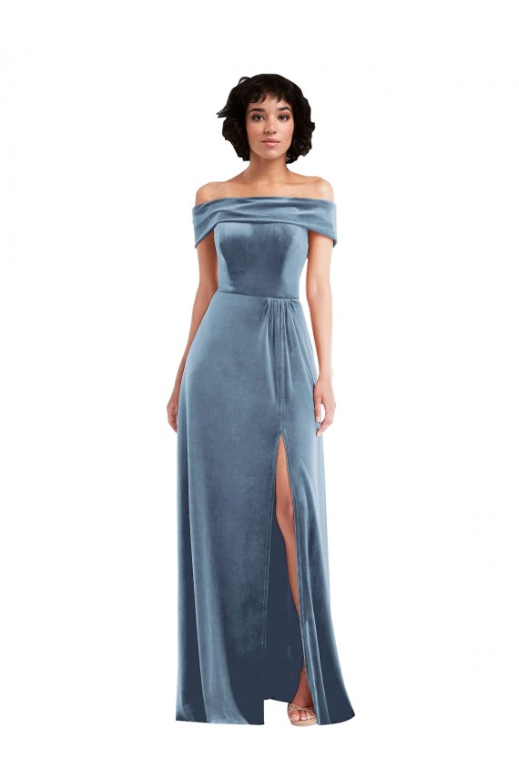 Draped Cuff Off the Shoulder Velvet Maxi Bridesmaid Dress / Prom Dress with Pockets