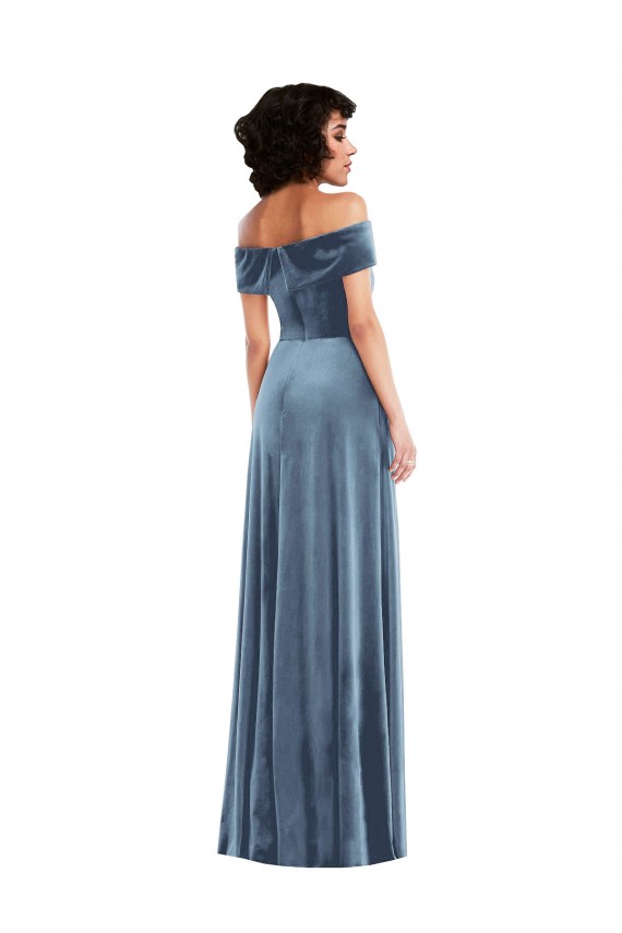 Draped Cuff Off the Shoulder Velvet Maxi Bridesmaid Dress / Prom Dress with Pockets