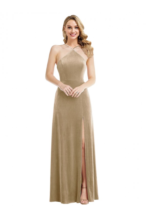 High Neck Halter Open Back Long Velvet Maxi Bridesmaid Dress / Prom Dress & Pockets