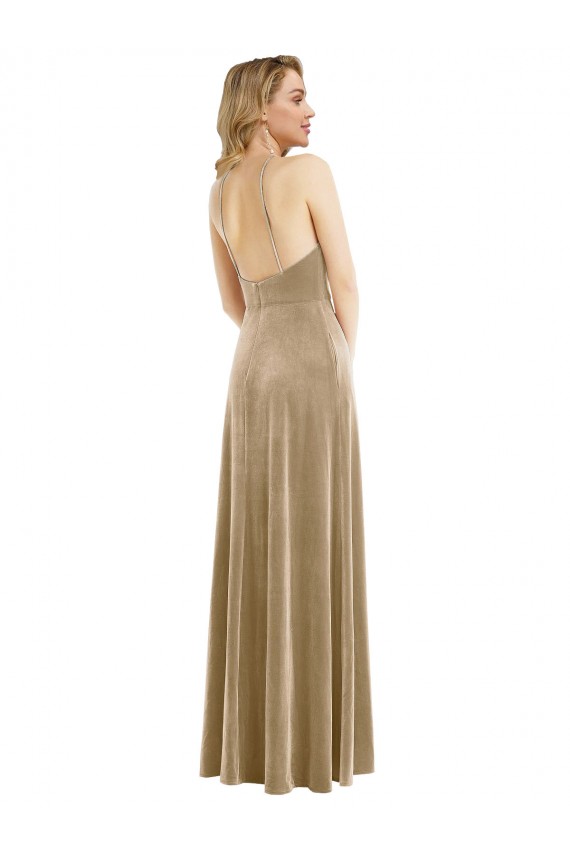 High Neck Halter Open Back Long Velvet Maxi Bridesmaid Dress / Prom Dress & Pockets