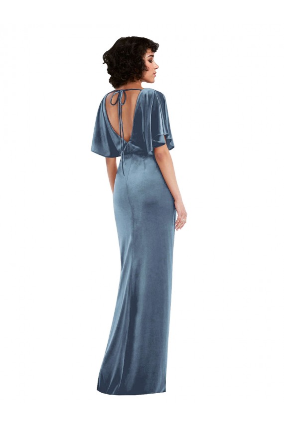 Flutter Sleeve Open Back Velvet Maxi Bridesmaid Dress / Prom Dress with Pockets & Draped Wrap Skirt Pockets