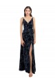 Floral Velvet Surplice V-Neck Long Bridesmaid Dress with V-Back