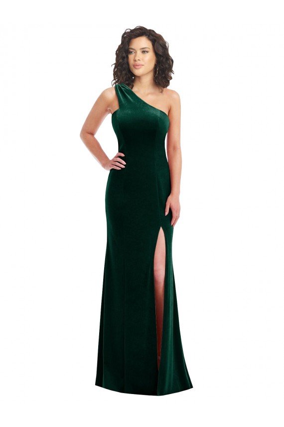 One Shoulder Velvet Trumpet Bridesmaid Dress / Prom Dress with Front Slit