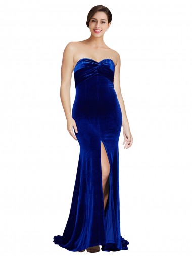 Strapless Ruched Formal Velvet Bridesmaid Dress / Prom Dress with Sweep Train and Front Slit