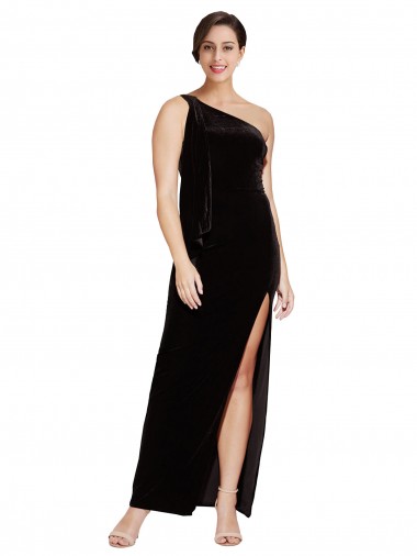 One Shoulder Long Formal Velvet Bridesmaid Dress / Prom Dress with Side Split and Shoulder Tie